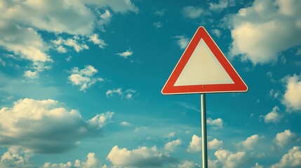 A triangular warning sign against a backdrop of blue sky and fluffy clouds, suggesting caution and alertness.