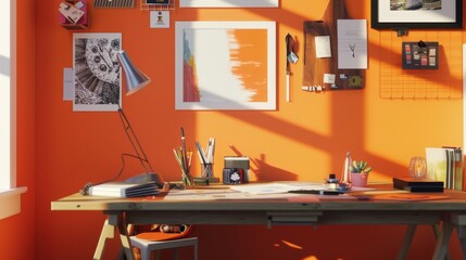 A sunlit workspace with an orange accent wall, art supplies, and pinned inspirations creates a playful and focused atmosphere.