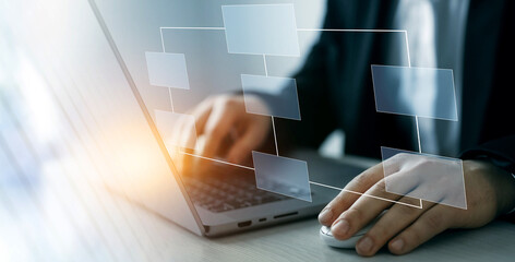 Fototapete - Digital technology of business process and workflow automation with flowchart and processing management.Chart scheme hierarchy management of corporate. 