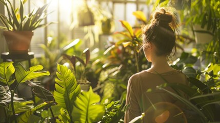 Poster - Bathed in golden light, a woman stands amidst lush greenery, embodying serenity and connection with nature in a vibrant greenhouse.