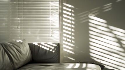 Canvas Print - Patterned window blinds cast soft shadows across a minimalist couch, infusing the room with a peaceful and contemplative ambiance.