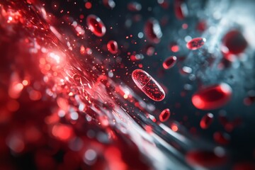 Poster - Captured in stunning detail, vibrant red blood cells flow dynamically in a dark, abstract environment, embodying energy and life in an ethereal visual representation.