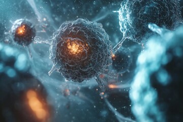 Poster - An artistic representation of cells at a microscopic level, illuminated with glowing highlights that illustrate their energy and essence, captured in vivid blue hues.