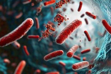 Poster - Bacteria showcased amidst a detailed, microscopic whirlwind setting, emphasizing their rod-like structures and energetic movement in a dynamic flow.