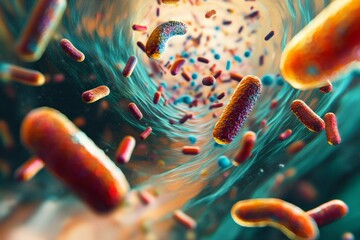 Poster - This image showcases colorful bacteria in a swirling motion within a vibrant environment, capturing their intricate patterns and dynamic movement in vivid detail.