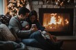 © ChaoticMind - A warm and cozy family gathers around a warmly glowing fireplace, savoring togetherness and festive joy, set against a beautifully decorated seasonal backdrop.