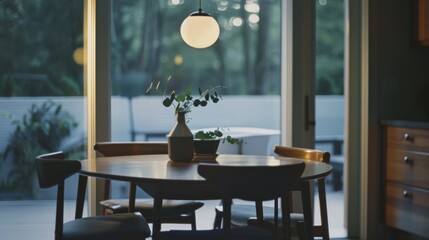 Canvas Print - Evening ambiance in a stylish dining area with soft lighting, greenery, and a view to a serene patio.