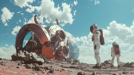 Two astronauts examine a futuristic spacecraft on a rocky terrain beneath a bright sky, suggesting exploration and discovery on an alien planet.