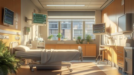 Poster - Interior of a modern hospital room highlighting advanced medical equipment, a comfortable patient bed, and a clean, efficient layout