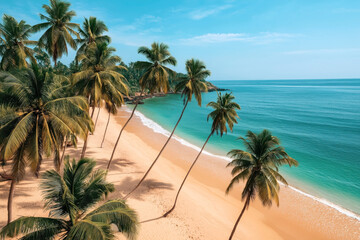 Wall Mural - A scenic tropical beach with tall palm trees lining the sandy shore, turquoise ocean waves gently lapping at the beach, and clear blue skies overhead.