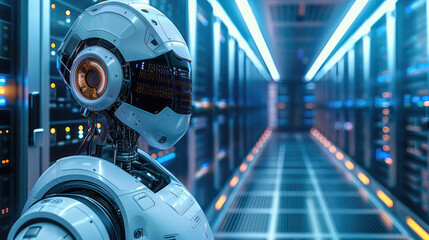 Leinwandbilder - A robot is maintaining server in a high tech server room.