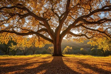 Poster - A grand oak tree with sprawling branches is bathed in the golden light of sunset, casting long shadows on the ground during a picturesque autumn scene.