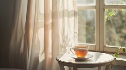 Sticker - A serene cup of tea catches the morning sunlight on a small table, next to a softly draped curtain, creating a cozy, peaceful moment in a bright room.