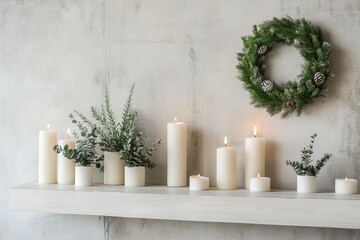 Aufkleber - A serene arrangement of lit white candles and greenery on a minimalist shelf, complemented by a festive wreath on a light-toned wall for a cozy atmosphere.