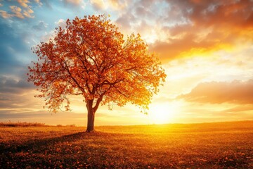 Poster - A magnificent autumn tree stands alone in a field, bathed in the golden light of sunset, symbolizing nature's beauty, solitude, and the cycle of life.