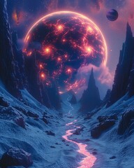 Poster - An otherworldly road leading to the cosmos, with mountains in shades of purple and blue. Above it is a massive planet made up entirely of red galaxies, surrounded by several smaller planets.