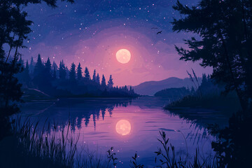 Wall Mural - illustration of fantasy landscape with lake and forest at night