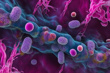 Poster - The image provides a close-up, microscopic view of bacteria on a vividly colored background, illustrating the intricate microscopic world in vibrant detail.