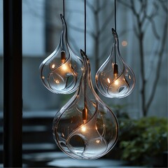 Poster - A hanging light fixture made of a metal cage structure which is organic and fluid. Glass is blown through the structure in asymmetric lopsided ways.