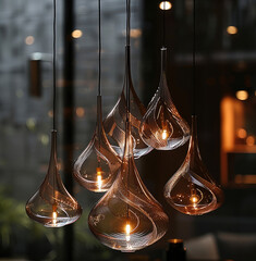 Poster - A hanging light fixture made of a metal cage structure which is organic and fluid. Glass is blown through the structure in asymmetric lopsided ways.