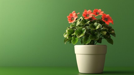 Wall Mural - A vibrant potted plant with orange flowers against a green backdrop in a bright indoor setting