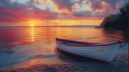 Poster - Boat by the beach on a lake, sunset, vivid color.