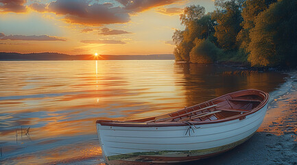Poster - Boat by the beach on a lake, sunset, vivid color.