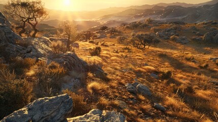 Wall Mural - golden sunset over mountainous landscape with scattered trees and rocks
