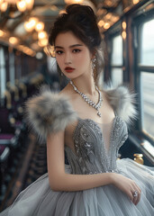 Sticker - Elegant Chinese beauty, wearing a silver-gray tulle dress with fur on the shoulders, diamonds hanging around her neck, walking in an old-fashioned train car filled with candlelight.