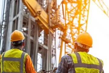 two industrial workers, clad in safety helmets and reflective vests, work together thoughtfully at a