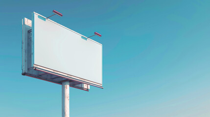 An empty, weathered billboard against a clear blue sky, ideal for advertising concepts, commercial promotions, and marketing campaigns,