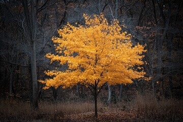 Poster - A lone tree with bright golden foliage stands amidst a dark autumn forest. This striking contrast between the vivid tree and the dim background highlights the season's essence.