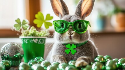 A cheerful rabbit in green shades and decorations enjoys a festive St. Patrick's Day celebration