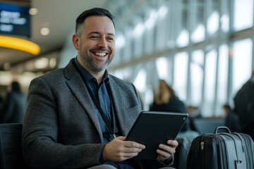 A cheerful man with a beard and casual attire holds a tablet while sitting in a modern airport lounge, representing travel readiness and technological connectivity.