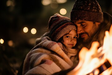 A father and daughter share a warm moment by the campfire, wrapped in a blanket and wearing cozy hats, with glowing firelight highlighting their happy faces.