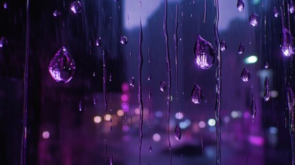 Wall Mural - A realistic depiction of purple raindrops falling onto a glass window, with intricate details of the water droplets and reflections.