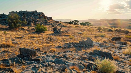 Sticker - Rocky Hilltop with Sparse Vegetation and a Sunset Sky