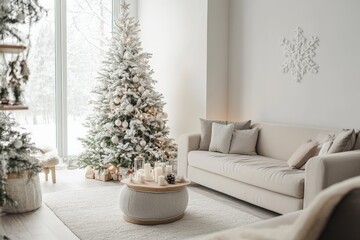 Wall Mural - A serene, minimalist living space with soft tones, featuring a beautifully lit Christmas tree, cozy rug, elegant beige sofa, and subtle festive accents near large windows.