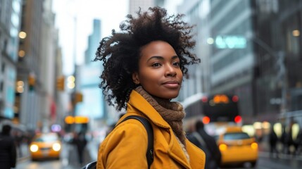 A woman in a bright yellow coat walks down a lively city street