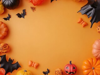 Wall Mural - Halloween decorations and treats in an autumn flat lay composition with space for text