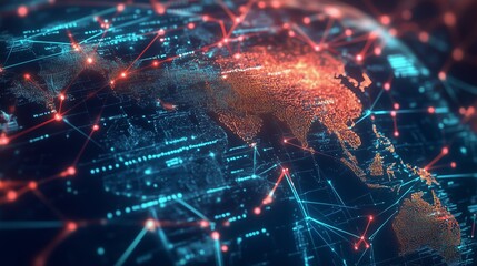 Poster - Colorful digital world map illustrating global connections and networks in a visually captivating representation of Asia