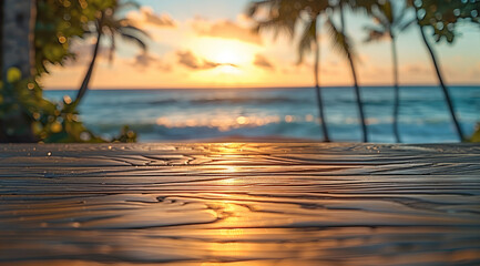 Aufkleber - A close-up shot of an empty wooden table, with a clear view of the tropical beach as its backdrop at sunset.