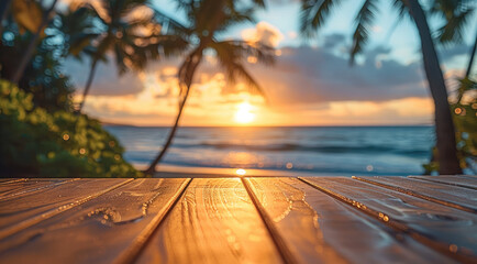 Aufkleber - A close-up shot of an empty wooden table, with a clear view of the tropical beach as its backdrop at sunset.