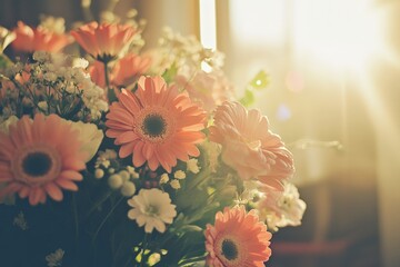 Aufkleber - An elegant flower arrangement featuring pink gerbera daisies softly illuminated by morning sunlight, evoking a serene, peaceful atmosphere with pastel hues and delicate blossoms.