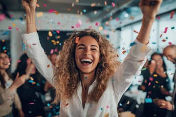 A woman surrounded by friends jubilantly throws her arms in the air as multicolored confetti flutters down in a moment of shared happiness and celebration.