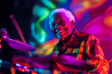 An elderly drummer, bathed in vibrant lights, smiles joyfully as they play, the colorful background adding to the lively and energetic atmosphere of the scene.