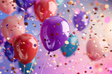 Vibrant balloons and falling confetti create a joyful and celebratory atmosphere. Perfect for party, festival, and celebration themes, evoking happiness and fun.