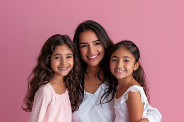 Mother and daughter: Woman is posing with two young girls, both of whom are smiling