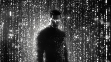 Poster - A figure adorned with digital glasses stands amidst a shower of glowing binary code in a high-tech, cyberpunk environment