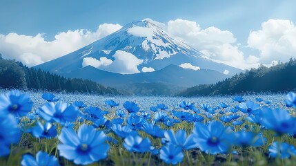 Poster - Mountain fuji behind a field of blue flowers.
